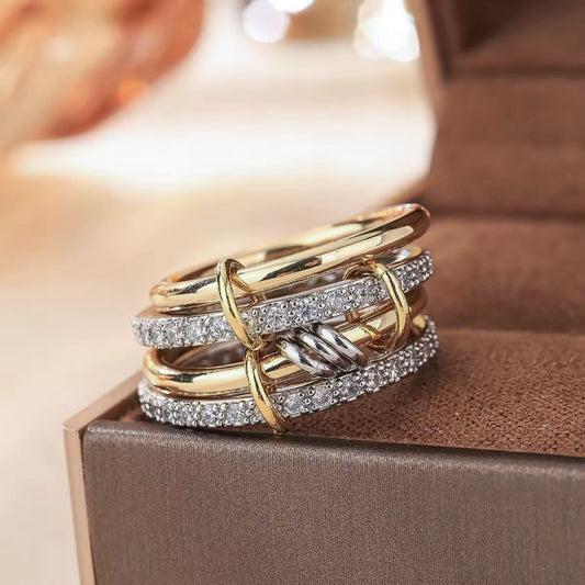 Mixed metal stacking ring for women with 18K gold plating, silver tones and zircon – trending jewelry 2025