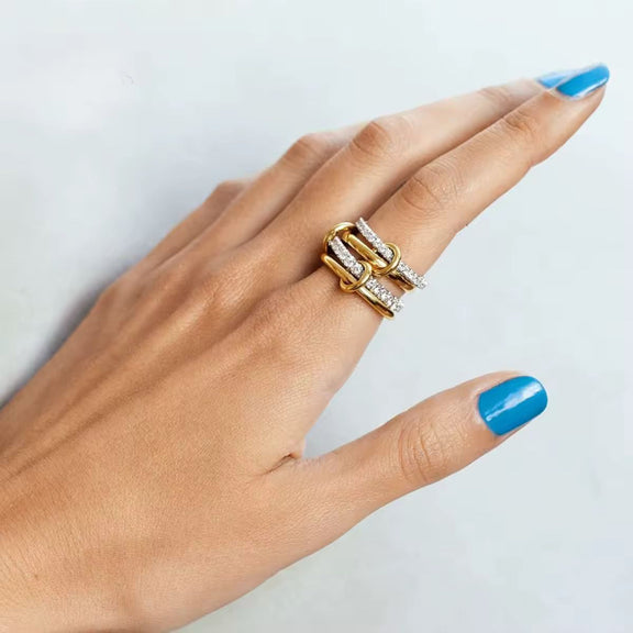 Bold stacking ring trend 2025 – 18K gold plated, hypoallergenic, zircon detailed women’s fashion ring