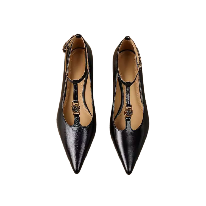 Black pointed toe kitten heels with T-strap and gold buckle, genuine leather
