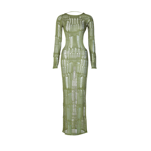 Sexy see-through olive green summer dress with shimmer – long sleeve resortwear for beach and vacation