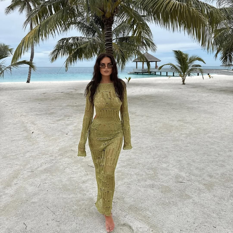 Metallic green knit maxi dress with sheer geometric pattern and long sleeves – beach party outfit for women