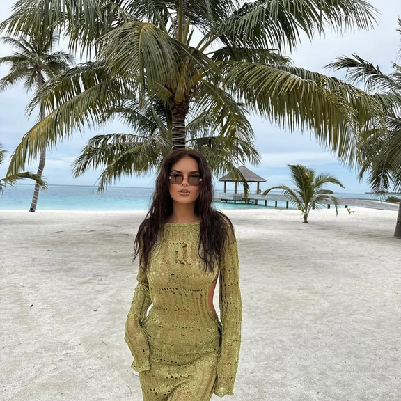 Sexy see-through olive green summer dress with shimmer – long sleeve resortwear for beach and vacation