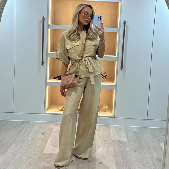 Elegant co-ord set for women in light fabric – belted top and flowy pants for summer
