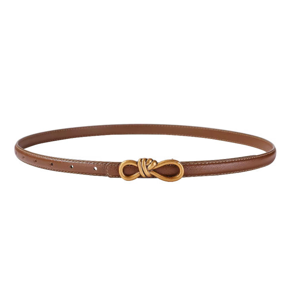 Brown leather belt for women, slim 1.4 cm width, real cowskin with gold infinity-style knot buckle
