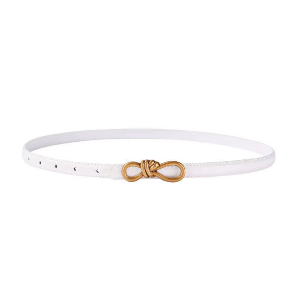 Slim white leather belt for women with gold knot buckle, genuine cowskin, minimalist waist accessory
