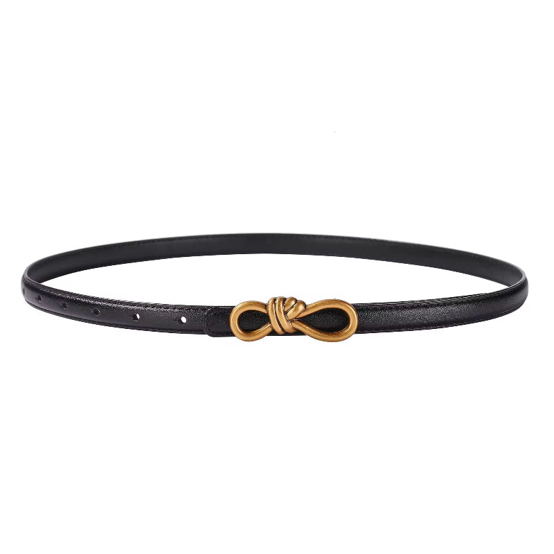Classic black leather belt for women with gold knot buckle, genuine cowskin, slim and timeless design

