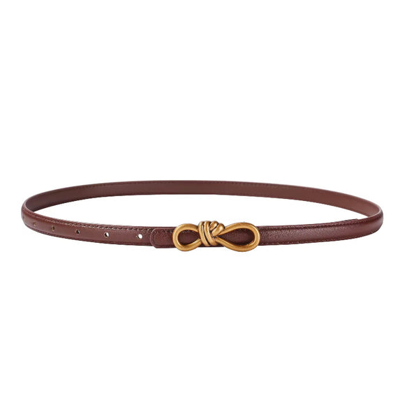 Slim leather belt for women with gold knot buckle, genuine cowskin, minimalist waist accessory
