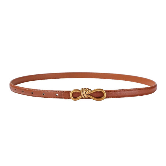 Brown leather belt for women, slim 1.4 cm width, real cowskin with gold infinity-style knot buckle
