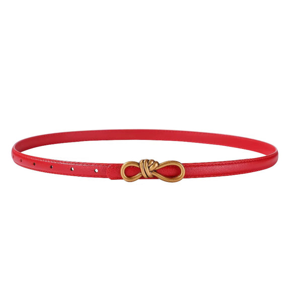 Slim red leather belt with decorative gold buckle, genuine leather women’s accessory, 1.4 cm thin
