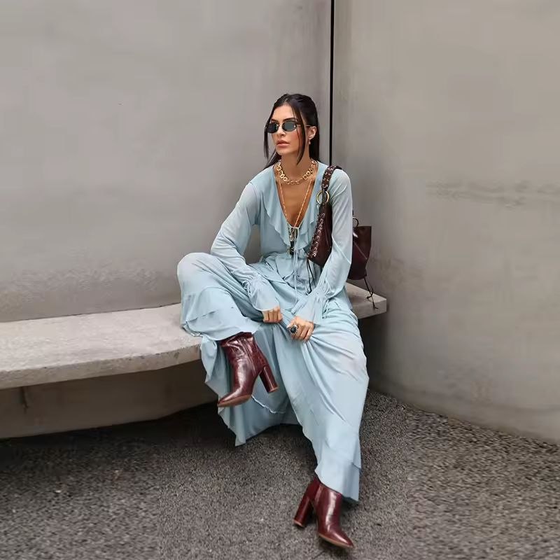 Long sleeve light blue dress for women with ruffled cuffs and flowing silhouette – perfect for work or city style
