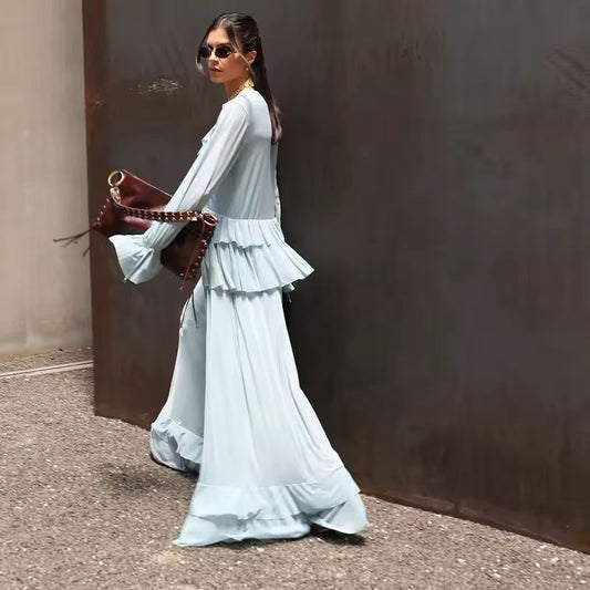 Light blue A-line maxi dress with ruffles and V-neck – elegant spring/summer 2025 fashion for women
