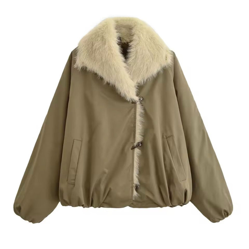 Nordelle faux fur winter bomber jacket in khaki beige – Chic and Charm luxury outerwear.
