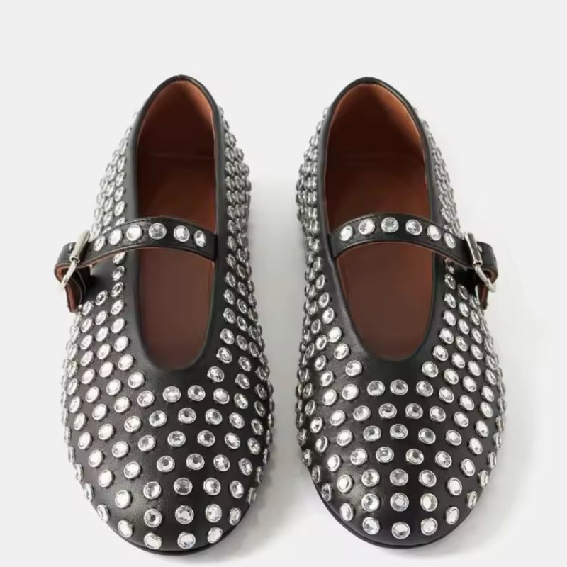 Elegant black plus size women’s flat with rhinestone studs and buckle strap – The Paris Colette Crystals