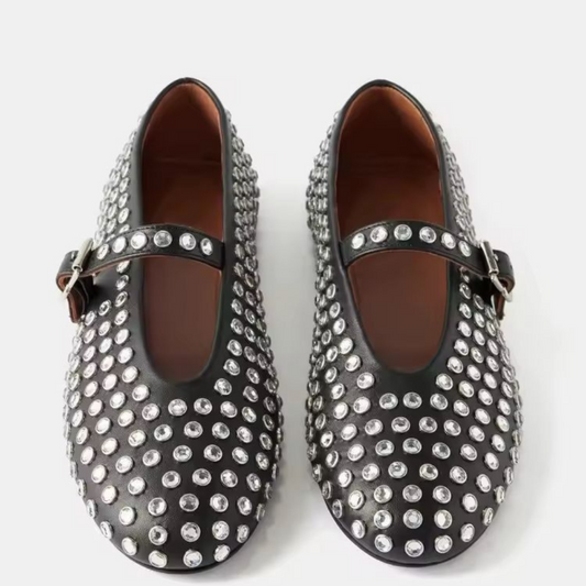 Elegant black plus size women’s flat with rhinestone studs and buckle strap – The Paris Colette Crystals