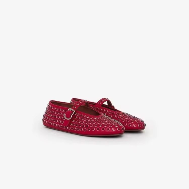 Bold crimson red rhinestone flat for plus size women with rounded toe and decorative buckle – Paris Colette Crystals shoe