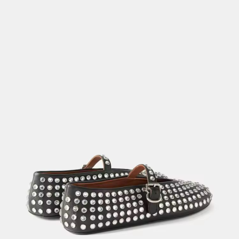 Elegant black plus size women’s flat with rhinestone studs and buckle strap – The Paris Colette Crystals