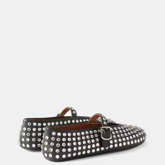 Elegant black plus size women’s flat with rhinestone studs and buckle strap – The Paris Colette Crystals