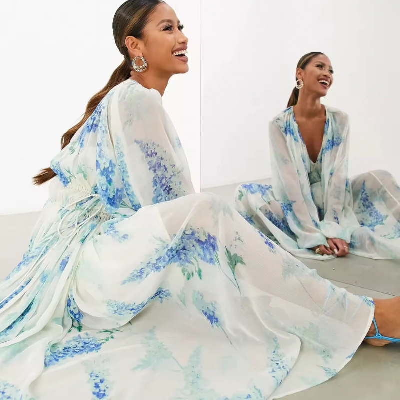 Amara Bloom maxi dress – breathable chiffon, floral print, long sleeves, ideal for spring/summer occasions
