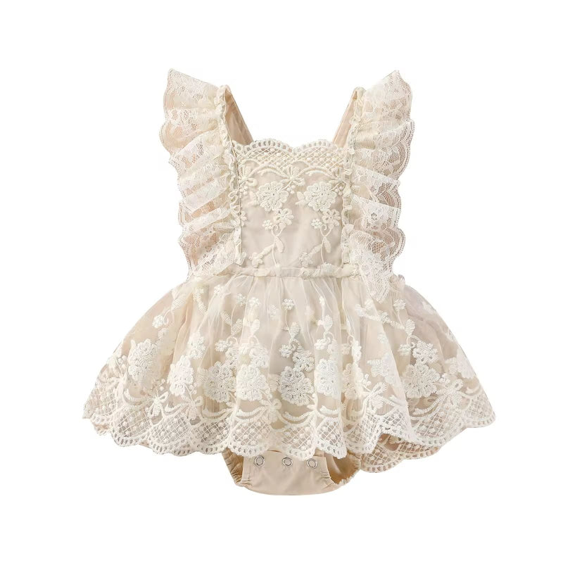 baby girl lace romper with tutu skirt, summer outfit for 0–24 months, ivory cotton baby dress
