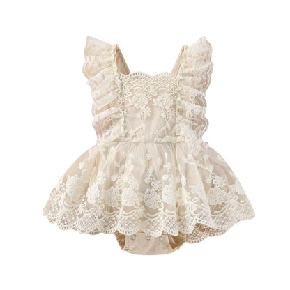 baby girl lace romper with tutu skirt, summer outfit for 0–24 months, ivory cotton baby dress
