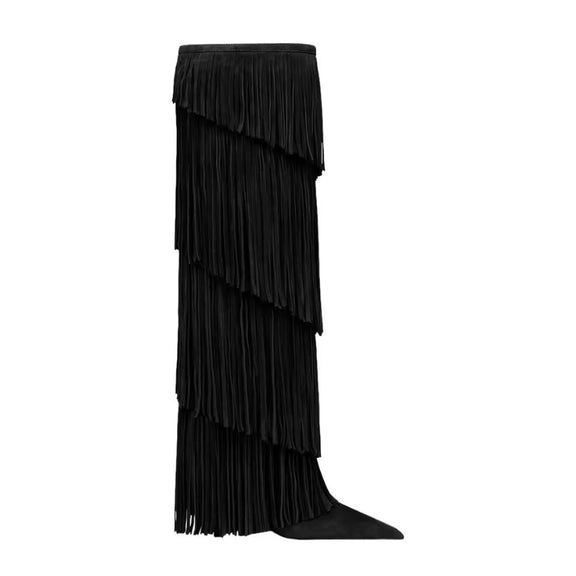 Velvet fringe high heel boots with pointed toe and stiletto heel – CAVALLA by Chic and Charm.
