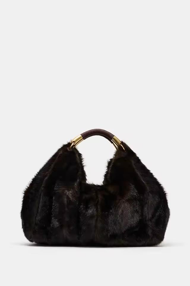 Luxurious dark brown faux fur handbag with gold handle accents – Velvette Luxe Soft Fur Handbag by Chic and Charm.
