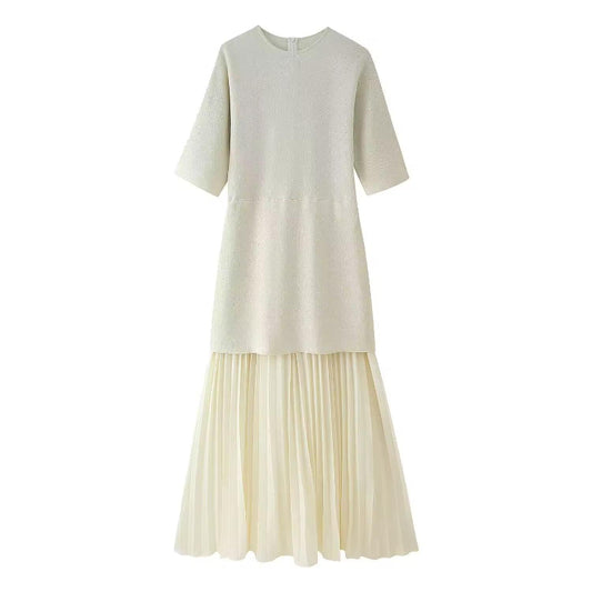 Minimal white A-line dress with textured top and soft pleated chiffon skirt – perfect for summer and casual chic