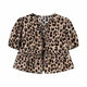 Leopard print tie-front summer blouse with puff sleeves and soft flared hem, trendy and bold casual wear for women.