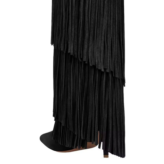 Velvet fringe high heel boots with pointed toe and stiletto heel – CAVALLA by Chic and Charm.
