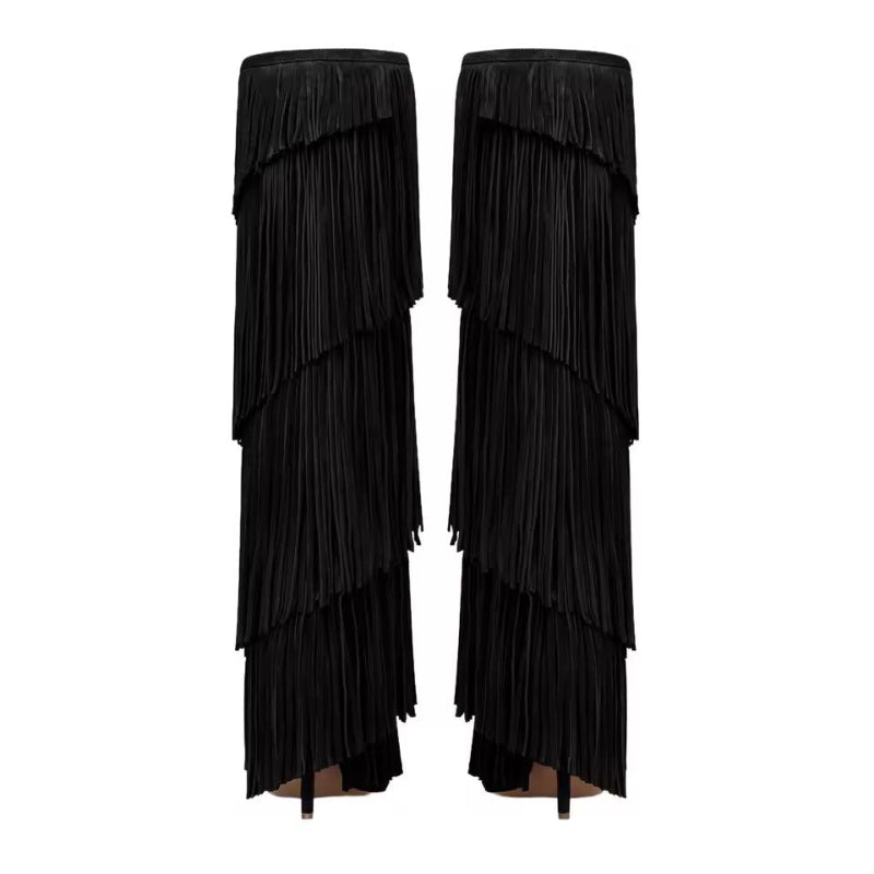 Velvet fringe high heel boots with pointed toe and stiletto heel – CAVALLA by Chic and Charm.
