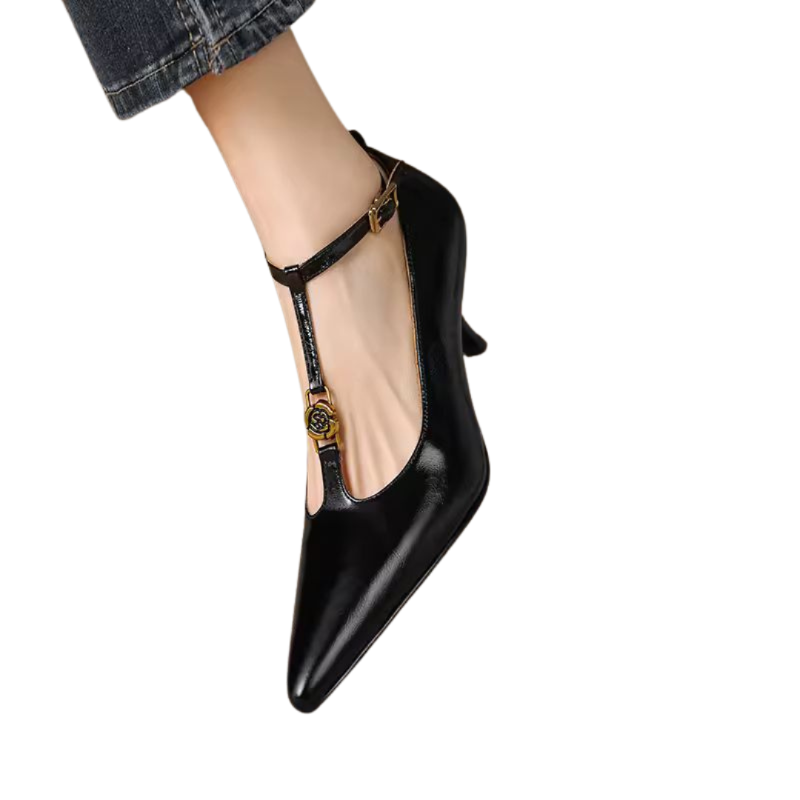 Chic black leather shoes with ankle strap and pointed toe, Milano style
