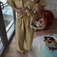 Lightweight premium two-piece set with high waist pants and oversized shirt in beige