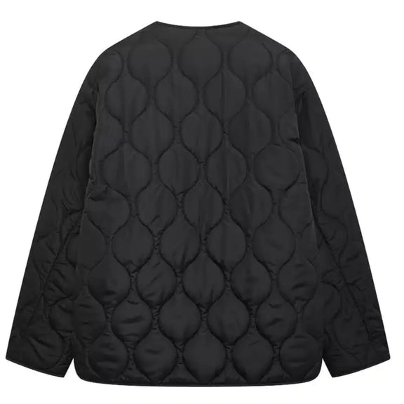 Sophisticated black quilted jacket with triple front ties - perfect for cold weather
