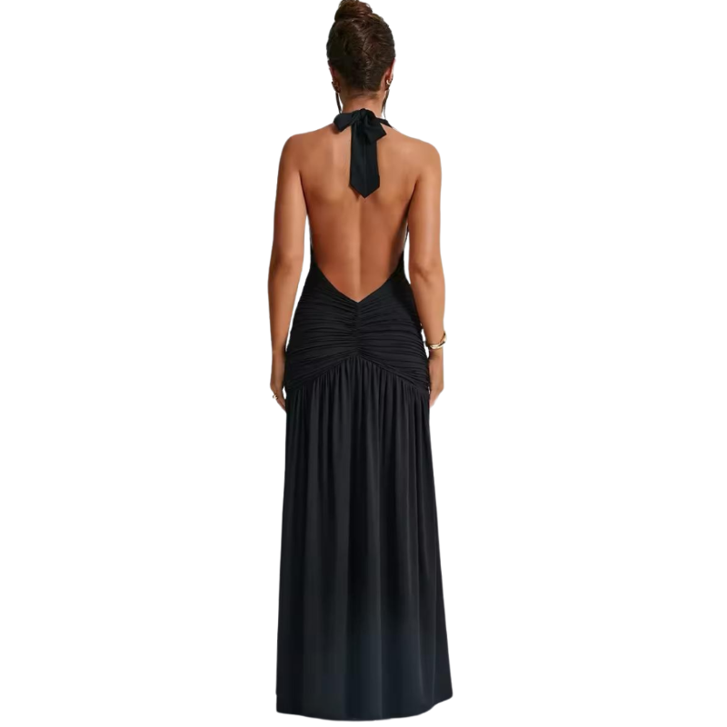 Selena Backless Maxi Dress Schwarz – Sexy schwarzes Abendkleid mit rückenfreiem Design & tiefem Dekolleté. Ideal für Party, Club & Date Night. | Black sexy backless evening dress, deep V-neck, perfect for clubbing & special occasions.