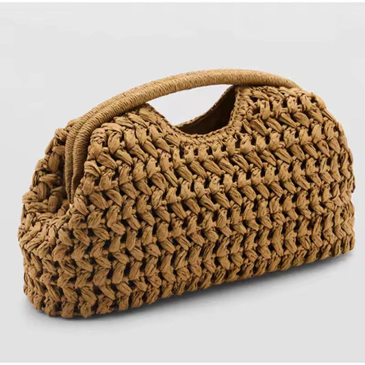 Raffia Chic all-season woven straw handbag, boho chic, soft body, with polyester lining & phone pocket
