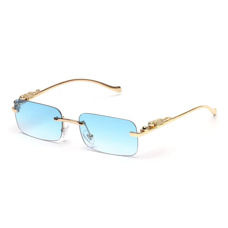 Blue gradient rimless sunglasses with gold temples and UV400 sun protection

