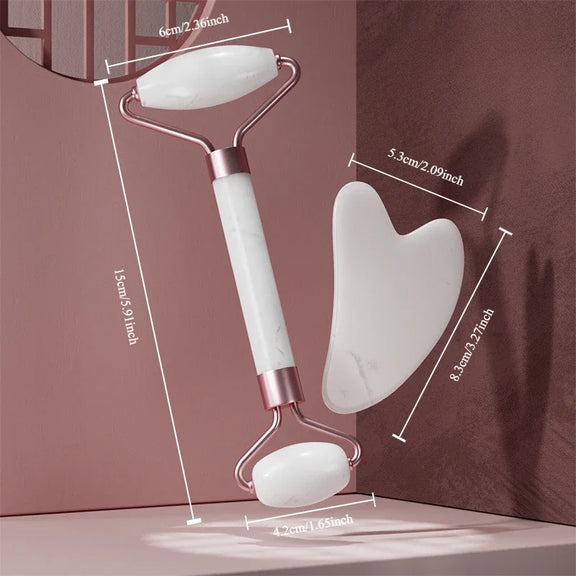 Gua Sha Face Massager and Face Roller set in premium resin for facial lifting and relaxation.