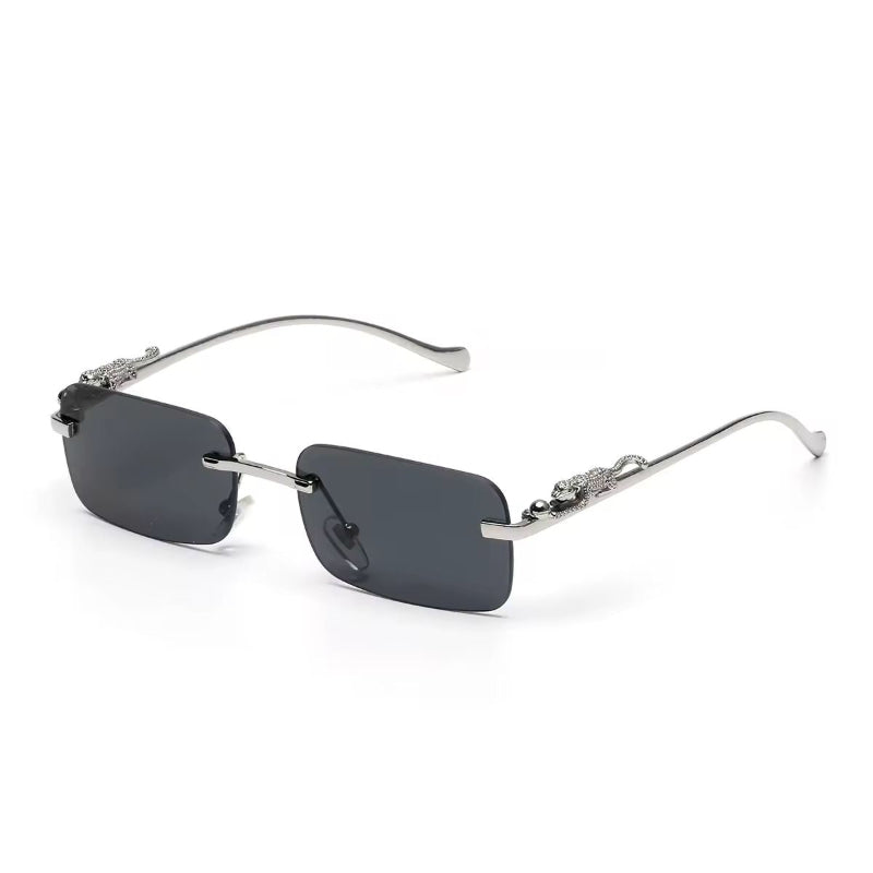 Jet black rectangular rimless sunglasses with UV400 lenses and golden panther arms
