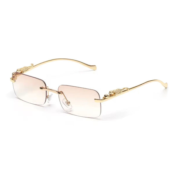 Ivory fade rimless sunglasses with gradient lenses and luxe gold panther detail