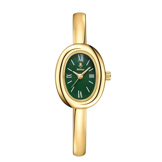 RomaElegance gold oval ladies watch – Roman numerals, green dial, Hardlex crystal, slim bracelet
