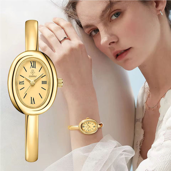 RomaElegance ladies oval watch – classic Roman numerals, gold case, Hardlex crystal
