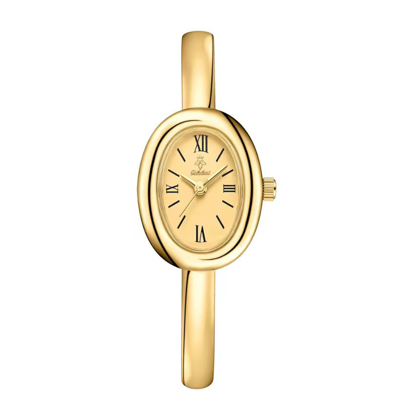 RomaElegance oval watch – gold dial, Roman numerals, quartz movement, slim gold bracelet
