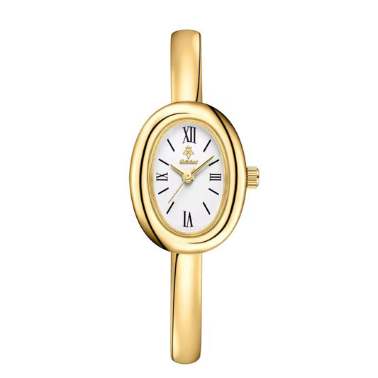 RomaElegance women’s oval gold watch – white dial, Roman numerals, 3 bar water resistant
