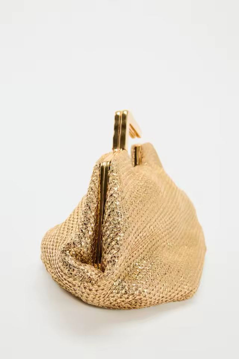 Royale Clutch – luxury gold woven evening bag for women with metal handle, elegant shell‑shaped designer handbag perfect for weddings, cocktail parties, and formal events