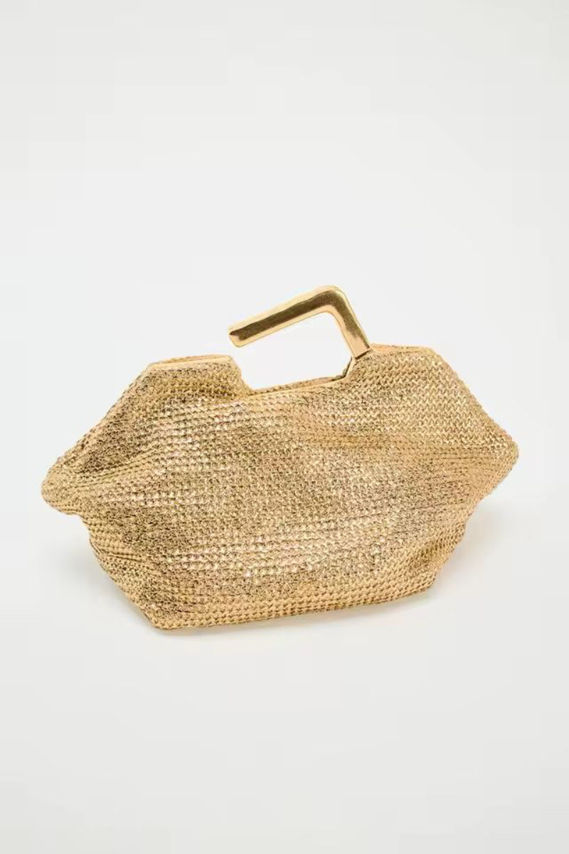 Royale Clutch – luxury gold woven evening bag for women with metal handle, elegant shell‑shaped designer handbag perfect for weddings, cocktail parties, and formal events