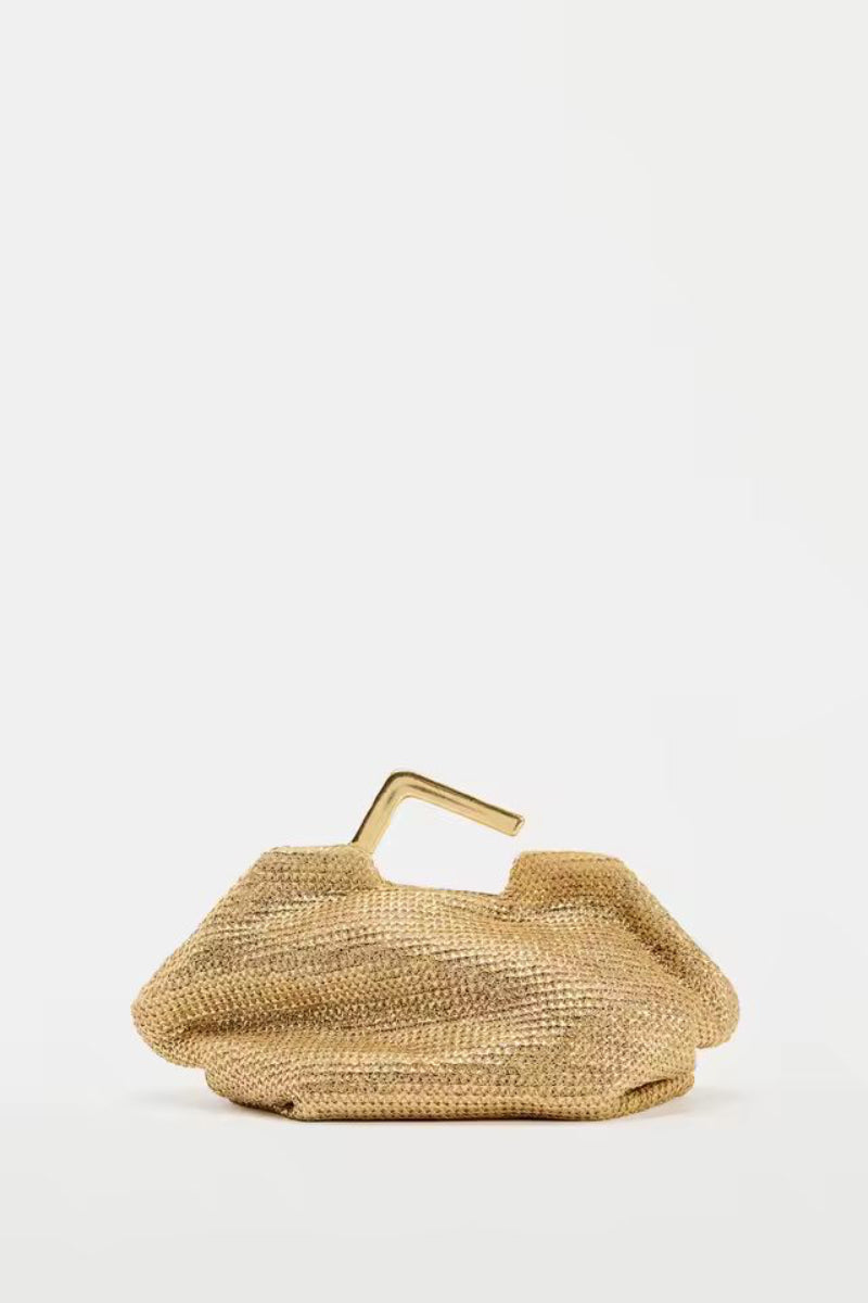 Royale Clutch – luxury gold woven evening bag for women with metal handle, elegant shell‑shaped designer handbag perfect for weddings, cocktail parties, and formal events