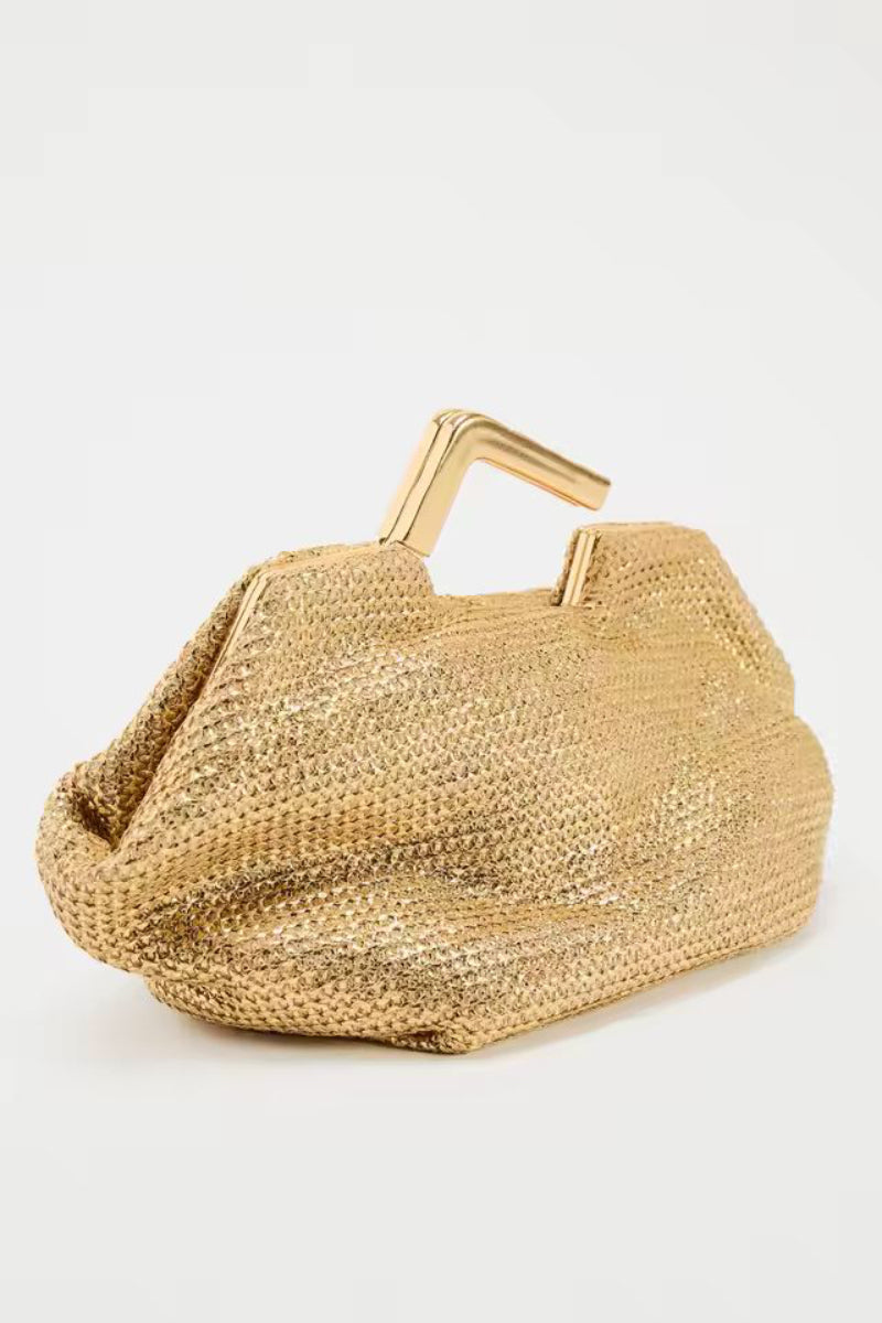 Royale Clutch – luxury gold woven evening bag for women with metal handle, elegant shell‑shaped designer handbag perfect for weddings, cocktail parties, and formal events