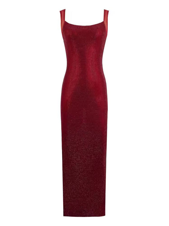 Ruby red glitter strap dress with hot diamond shimmer – stunning maxi gown for red carpet, evening party or formal celebration.