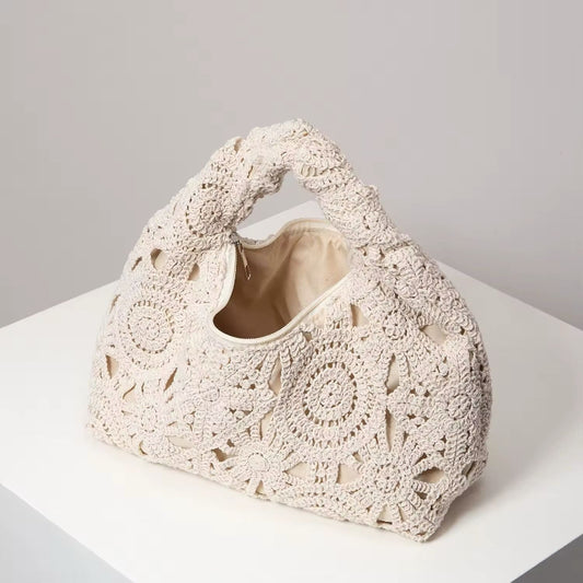 Ivory crochet boho hobo bag for women, soft handmade-style shoulder bag, lightweight woven polyester summer tote, perfect for travel, beach, city, everyday outfits, casual style accessory 2025, compact 26x13cm neutral purse with twisted handle