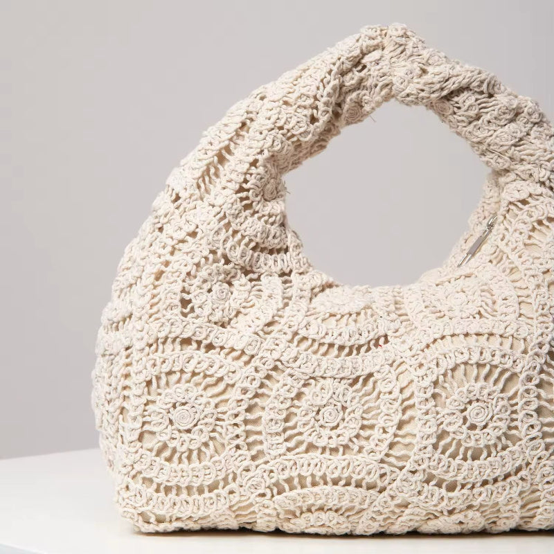 Ivory crochet boho hobo bag for women, soft handmade-style shoulder bag, lightweight woven polyester summer tote, perfect for travel, beach, city, everyday outfits, casual style accessory 2025, compact 26x13cm neutral purse with twisted handle